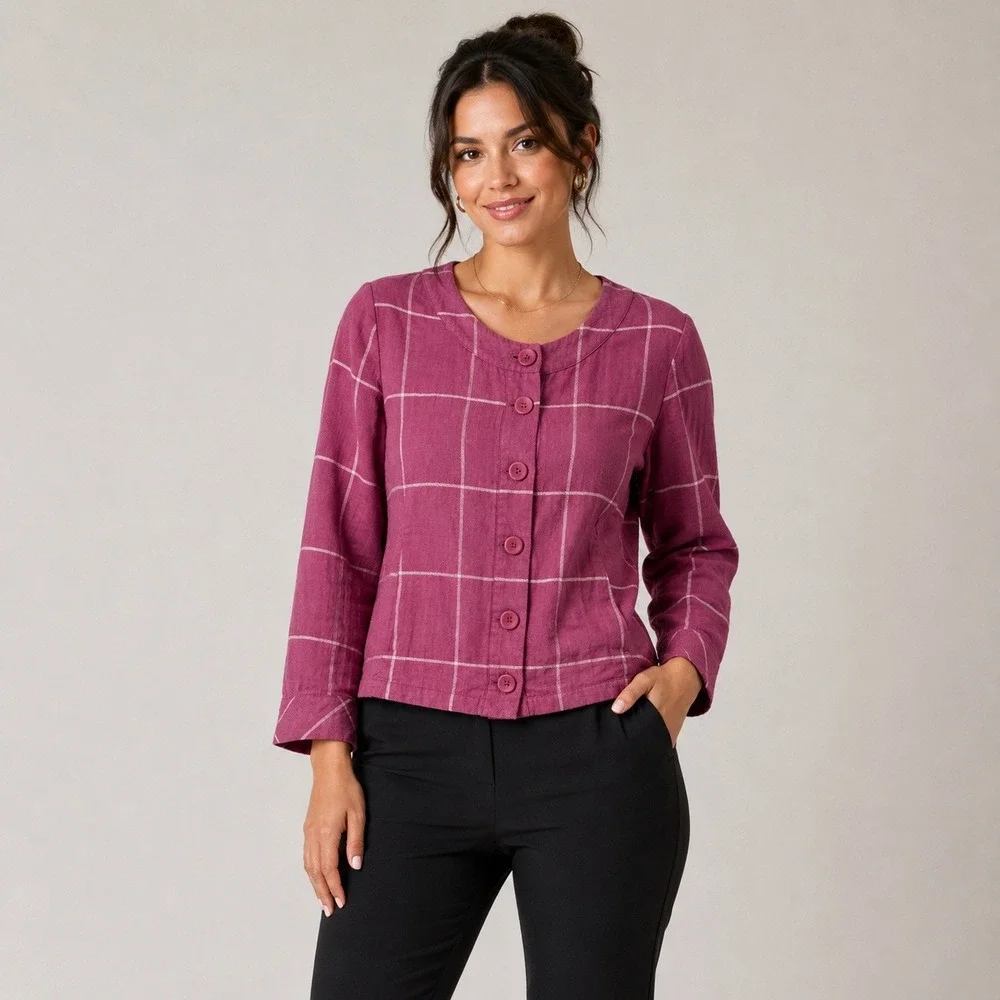 Flax Button Front Jacket Womens Small Pink Windowpane Plaid 100% Linen Boxy